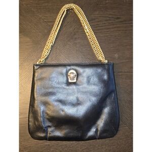 Vintage Ruth Saltz Purse Handbag Cougar Head Black Leather Double‎ Chain Strap